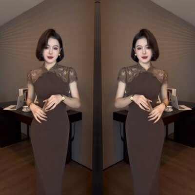 蕾丝拼接设计长款修身优雅连衣裙