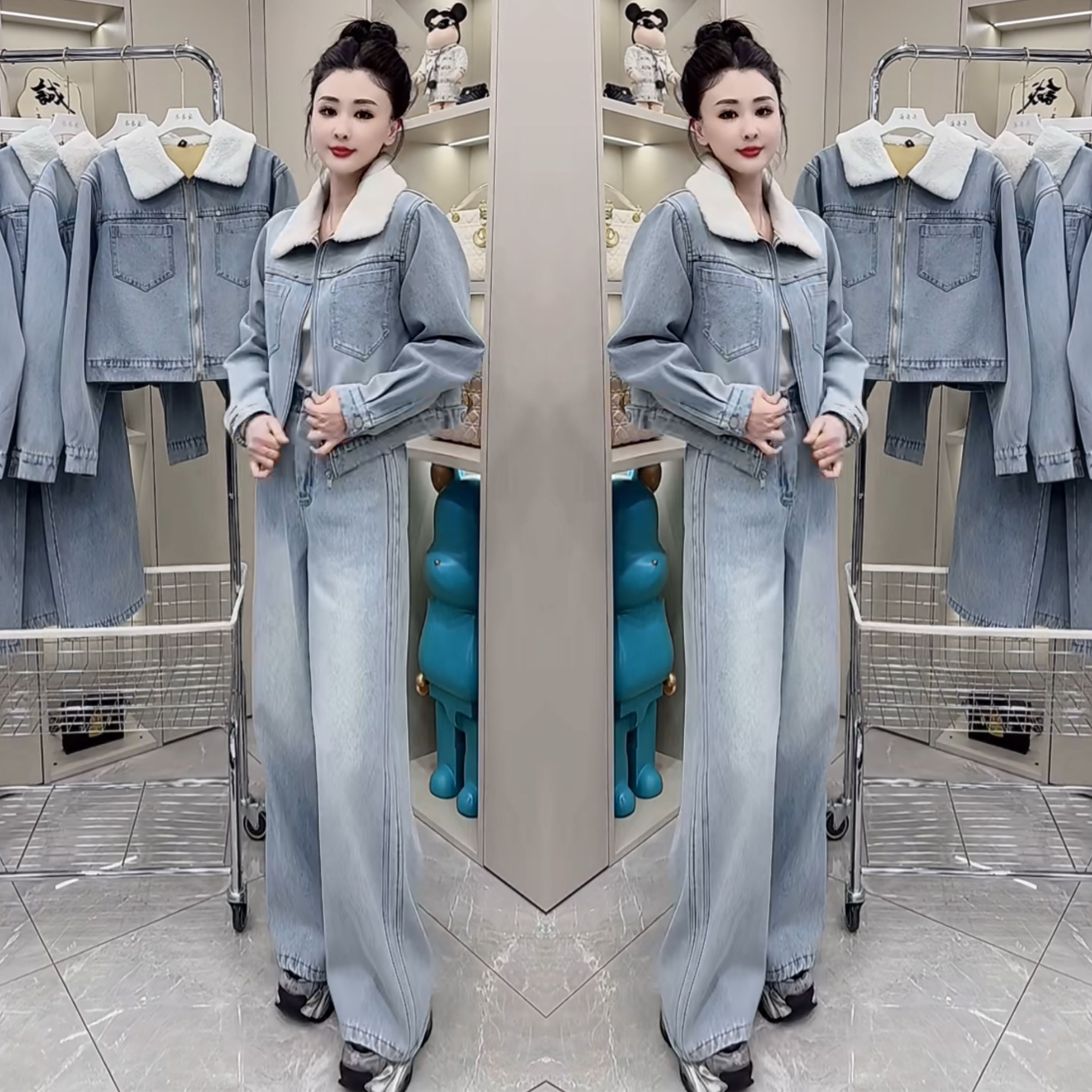 牛仔两件早春短款翻领外套阔腿裤