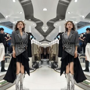 灰色不规则西装 减龄法式 外套搭配黑色半身裙潮 高级感爆款 轻奢韩版