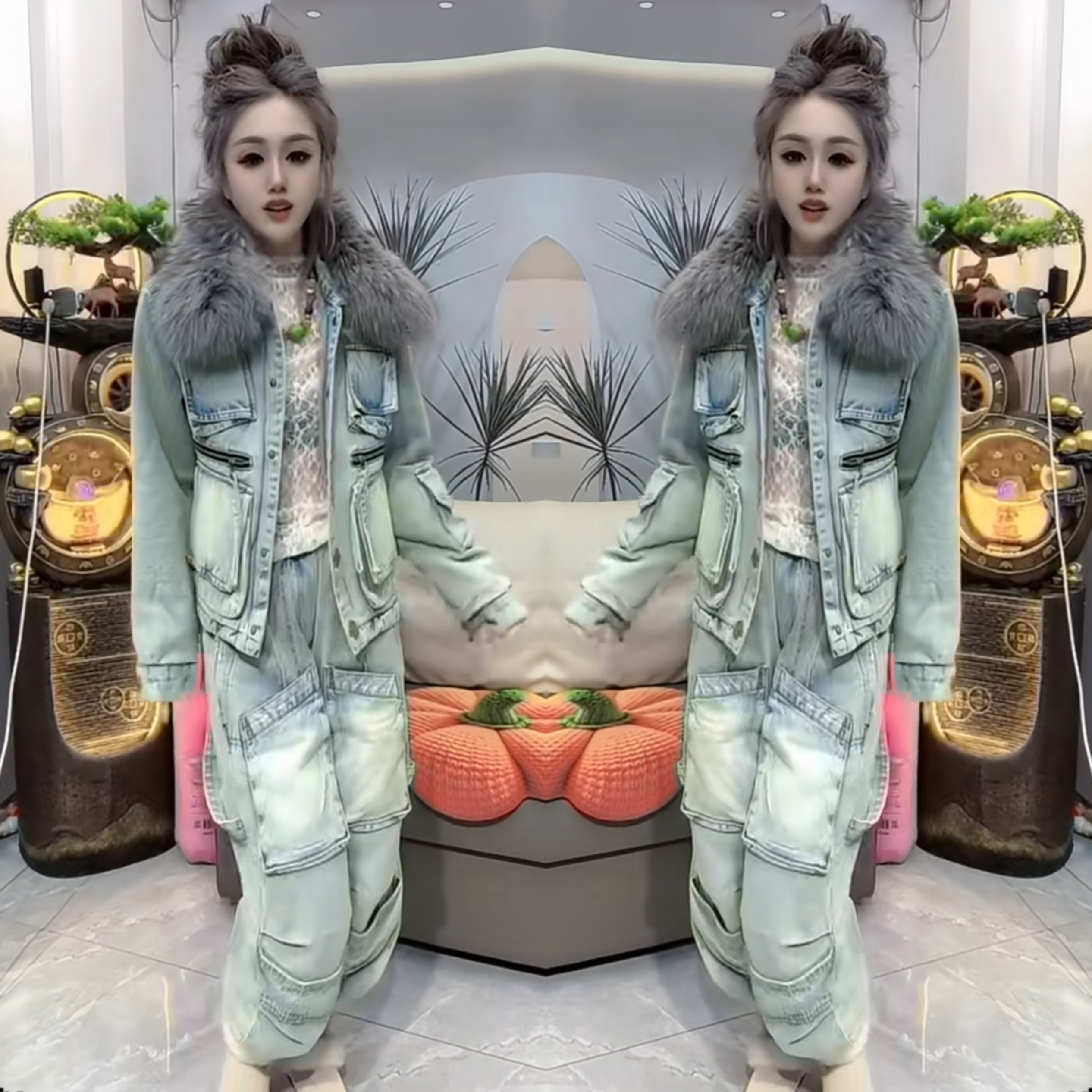 轻奢减龄毛毛领两件套外套裤子