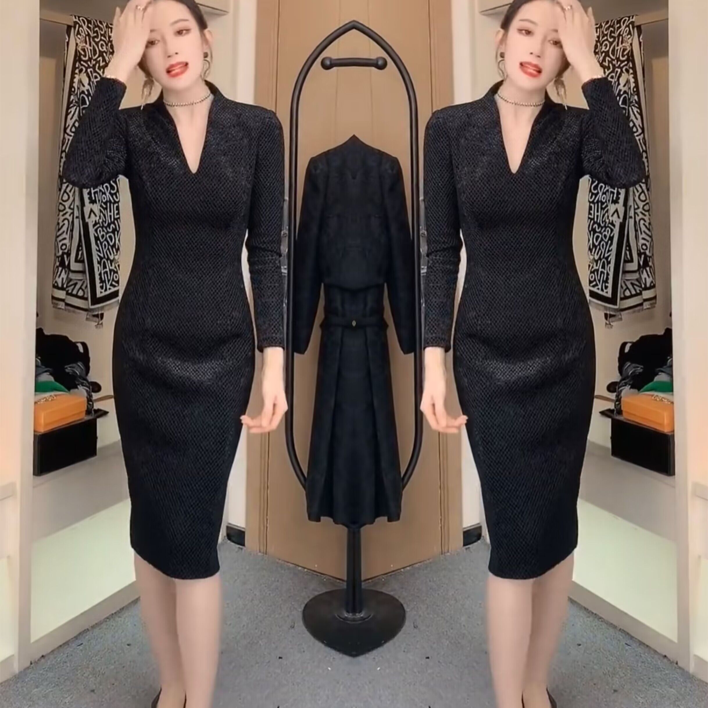 时尚纯色修身包臀V领连衣裙女