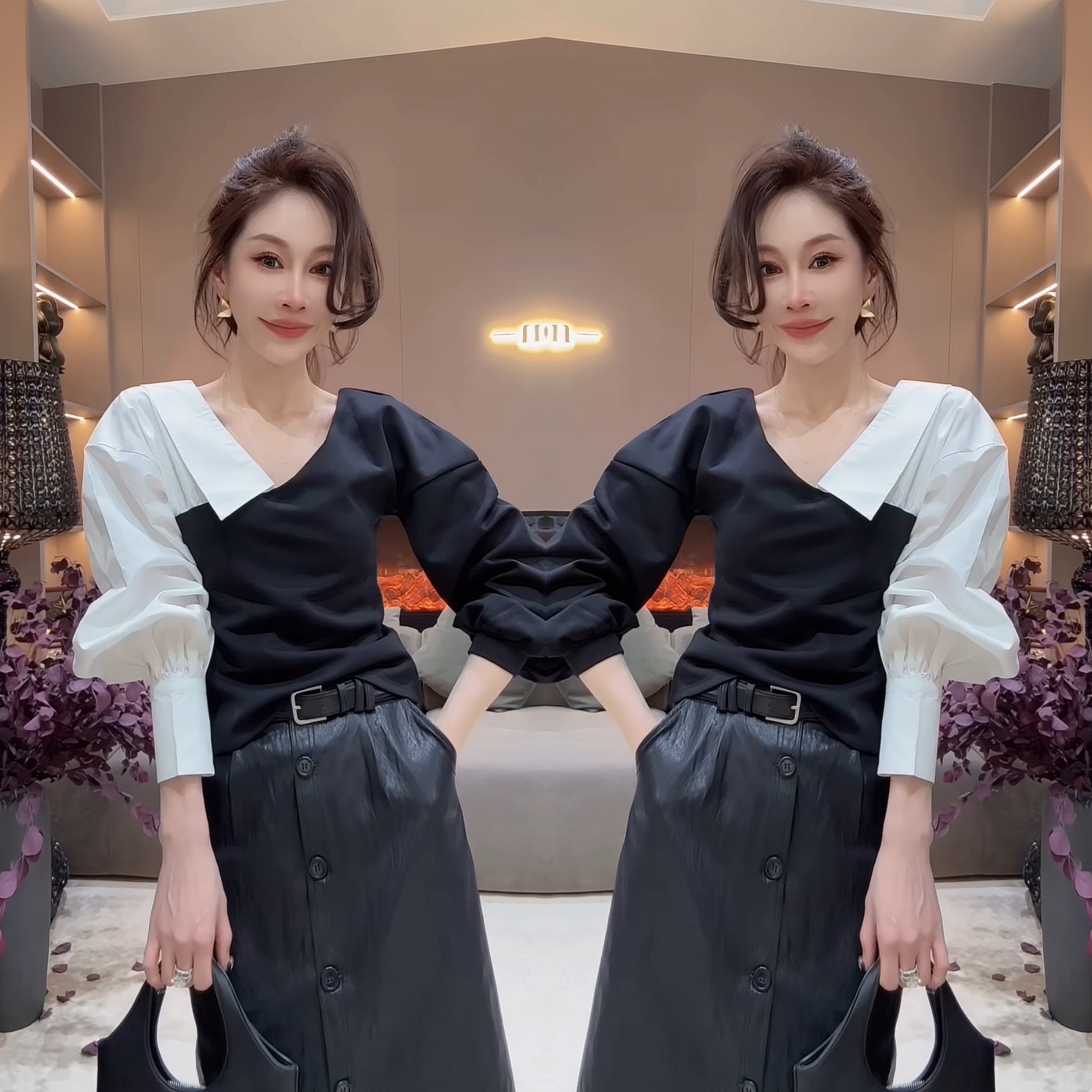 高级感气质时髦韩版简约休闲洋气宽松长袖拼接撞色遮肉女士衬衫潮,女装/女士精品,上衣,淘宝优惠券,粉丝福利购,淘宝优惠卷