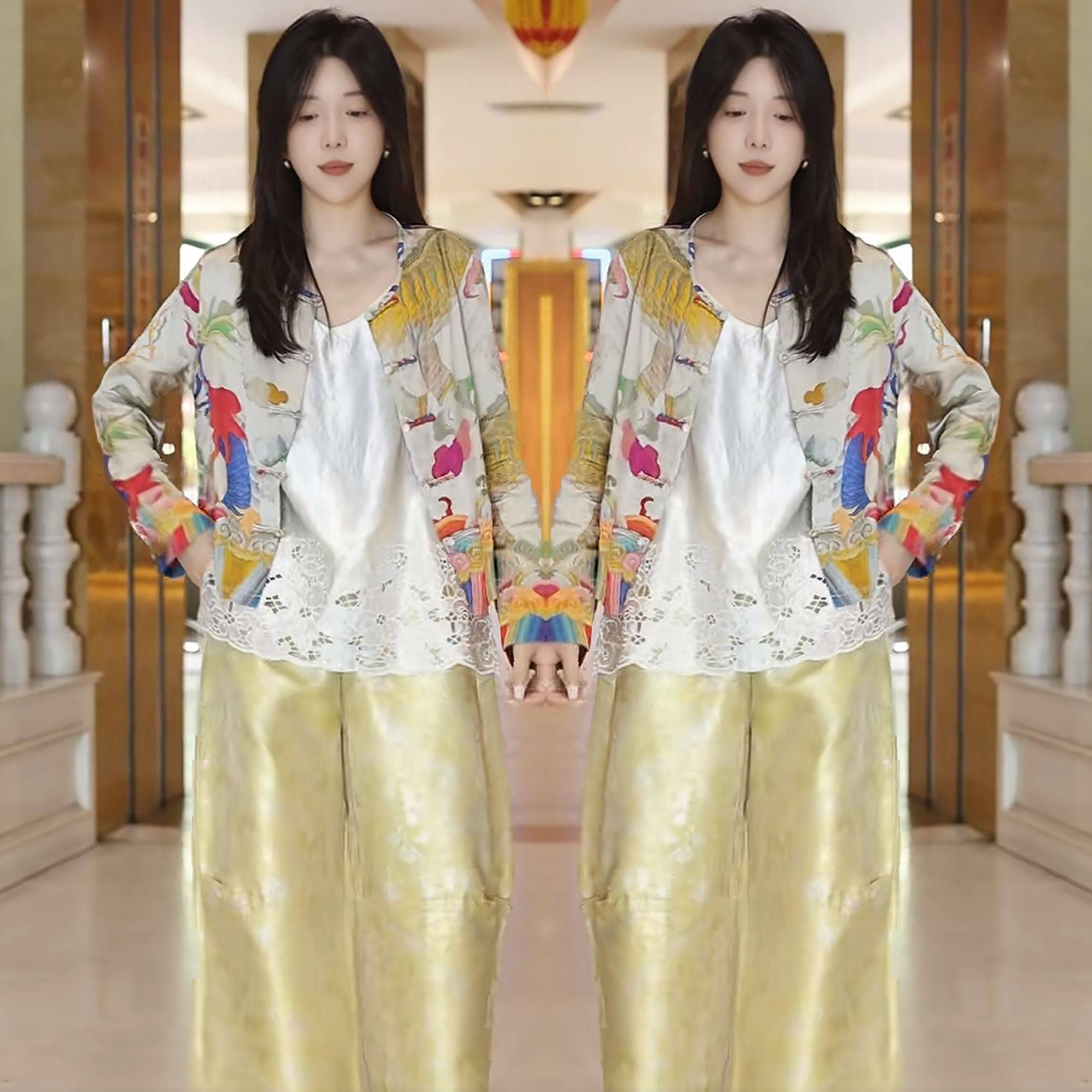 网红炸街爆款轻熟风复古时尚新中式减龄优雅印花外套花边背心裤子,女装/女士精品,上衣,淘宝优惠券,粉丝福利购,淘宝优惠卷