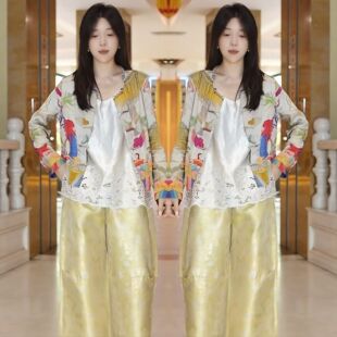 减龄优雅印花外套花边背心裤 新中式 子 轻熟风复古时尚 网红炸街爆款