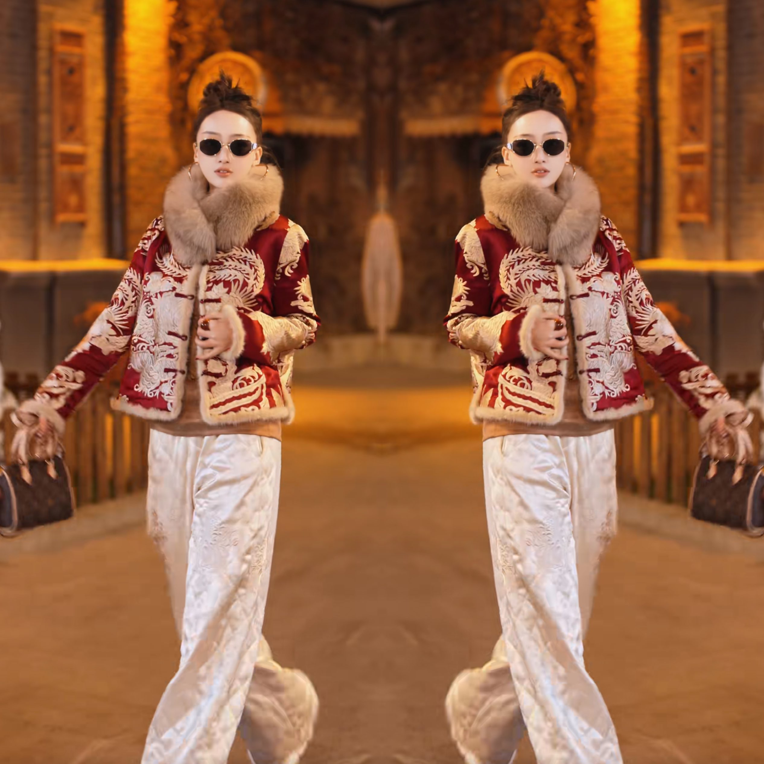 短款保暖刺绣提花棉服外套裤子女