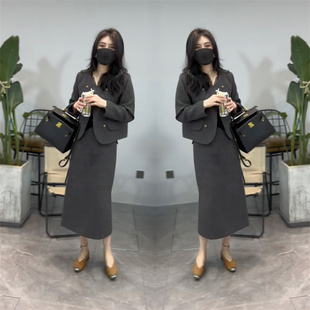 洋气长袖 高品质网红爆款 新款 裙2023年早春季 上衣后开叉半身裙 套装