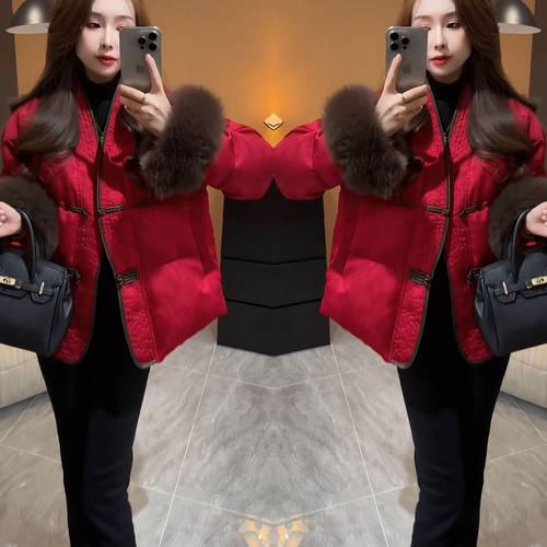 新中式毛毛袖短款显瘦红色外套女