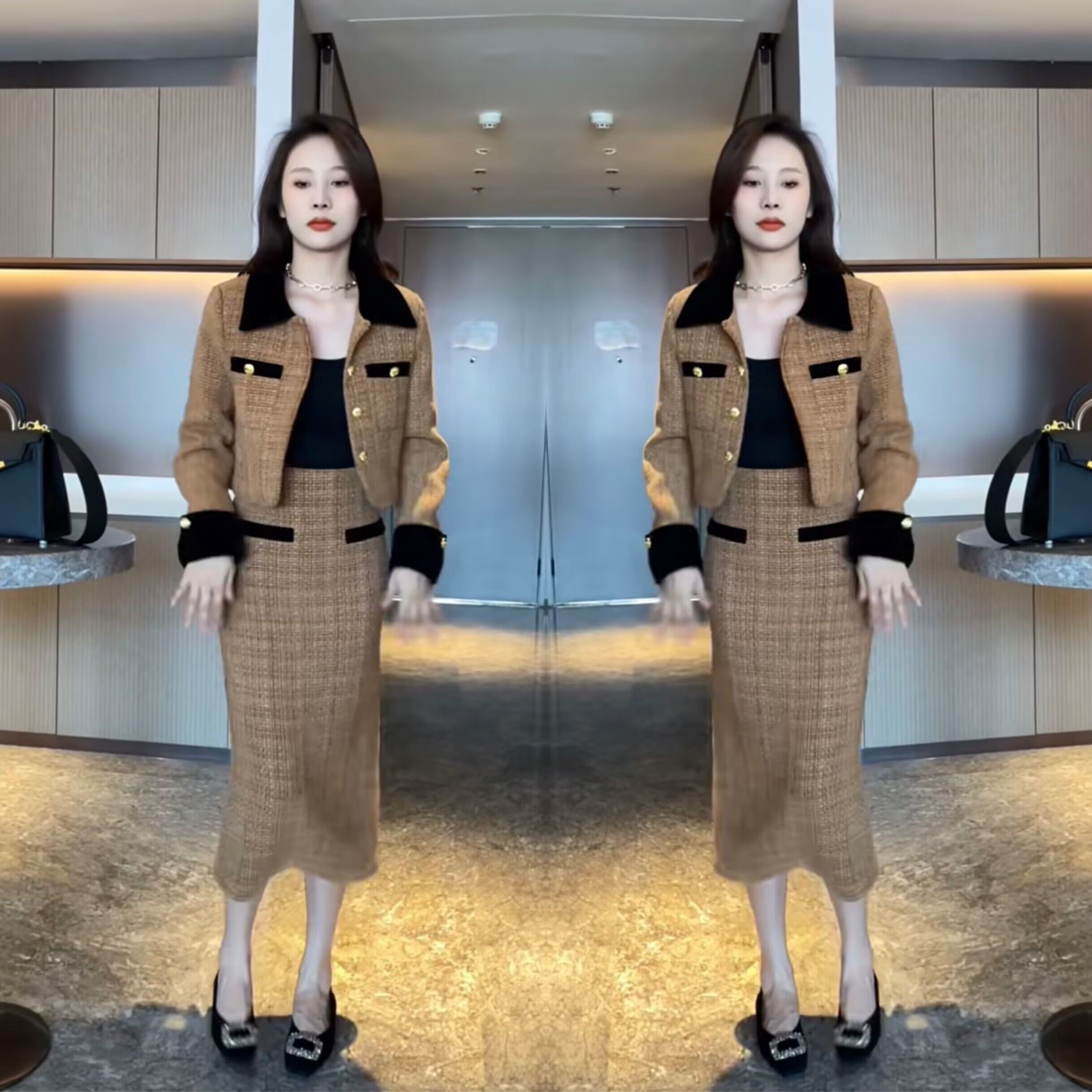 欧洲站女士套装裙2023年秋季新款洋气单排扣撞色翻领外套+半身裙