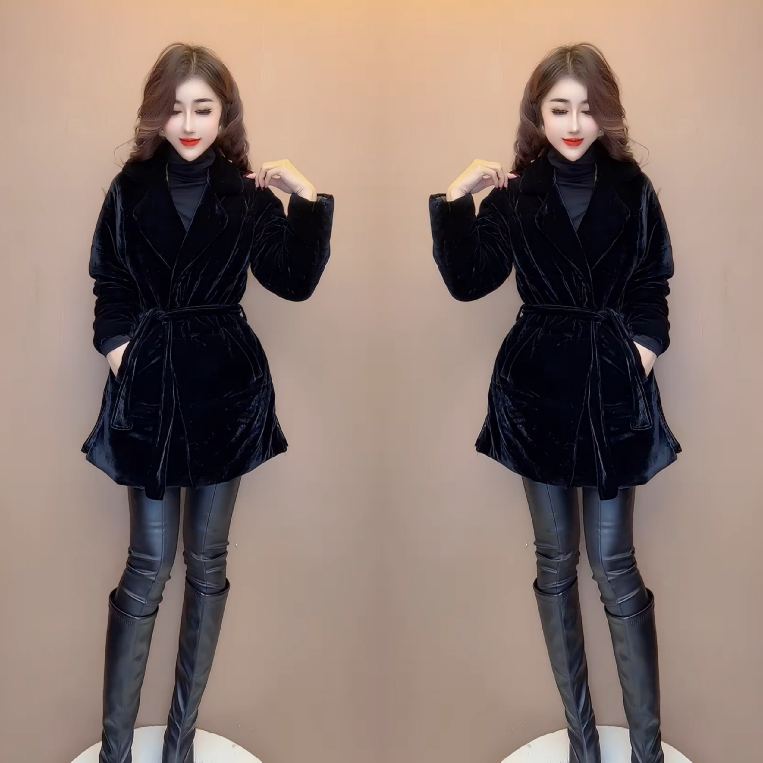 气质收腰黑色显瘦丝绒棉服外套潮