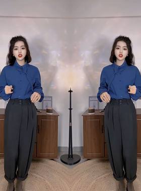 女士纯色衬衫上衣搭配哈伦裤潮