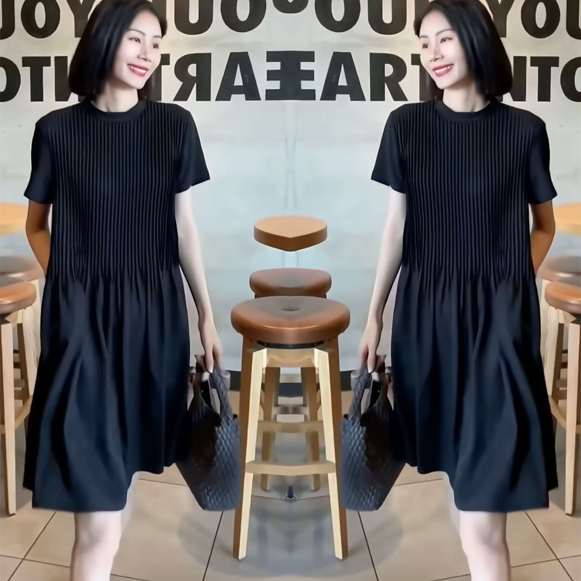 时尚宽松纯色短袖褶皱连衣裙潮