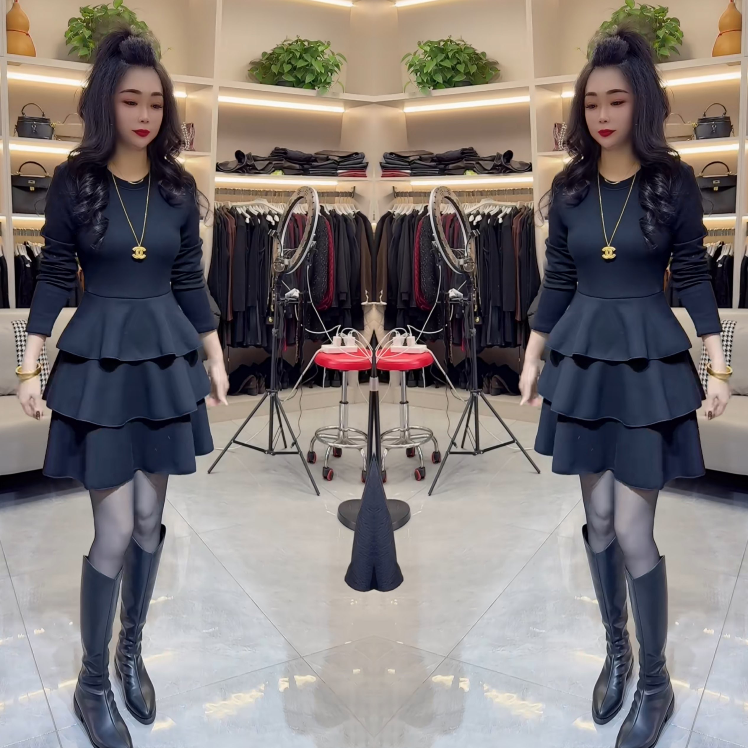 女神范修身黑色法式蛋糕连衣裙潮