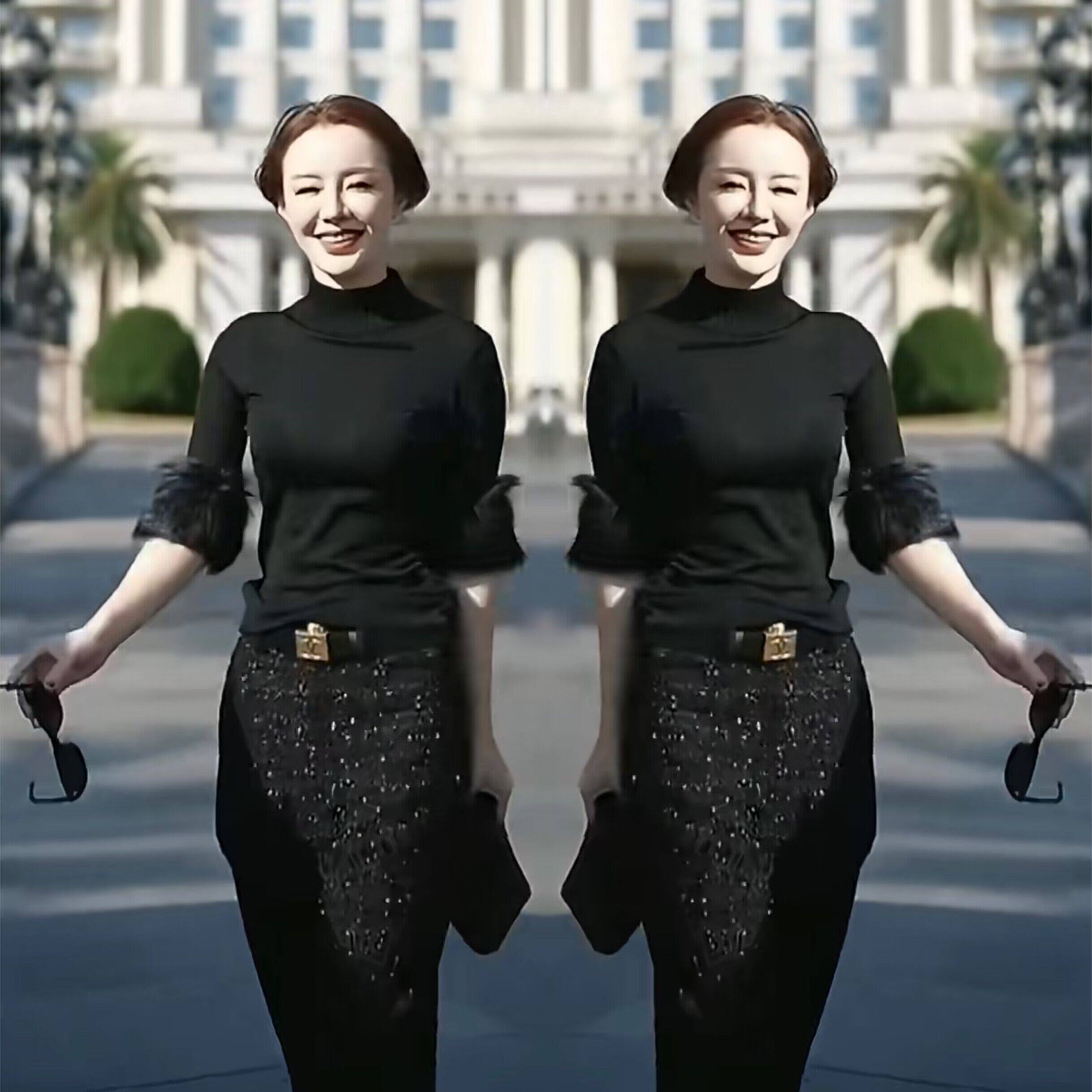 抖音爆款网红同款女装2023年冬季新款气质高领中袖修身打底衫裤子