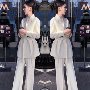 子潮 西服纯色系带收腰显瘦外套搭配裤 欧洲站精致简约时髦冬季 新款