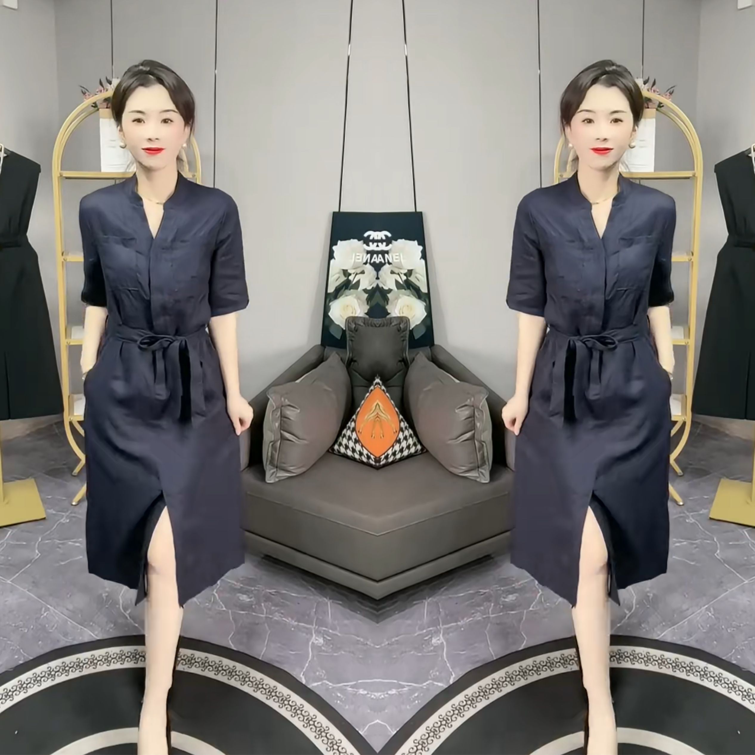 时髦收腰显瘦开叉长款女士连衣裙