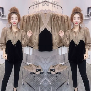 新款 2022年冬季 拼接丝绒打底衫 时尚 高端洋气网红爆款 百搭宽松长袖