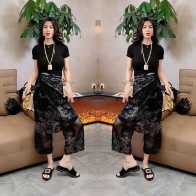 印花设计感薄款减龄高腰八分裤