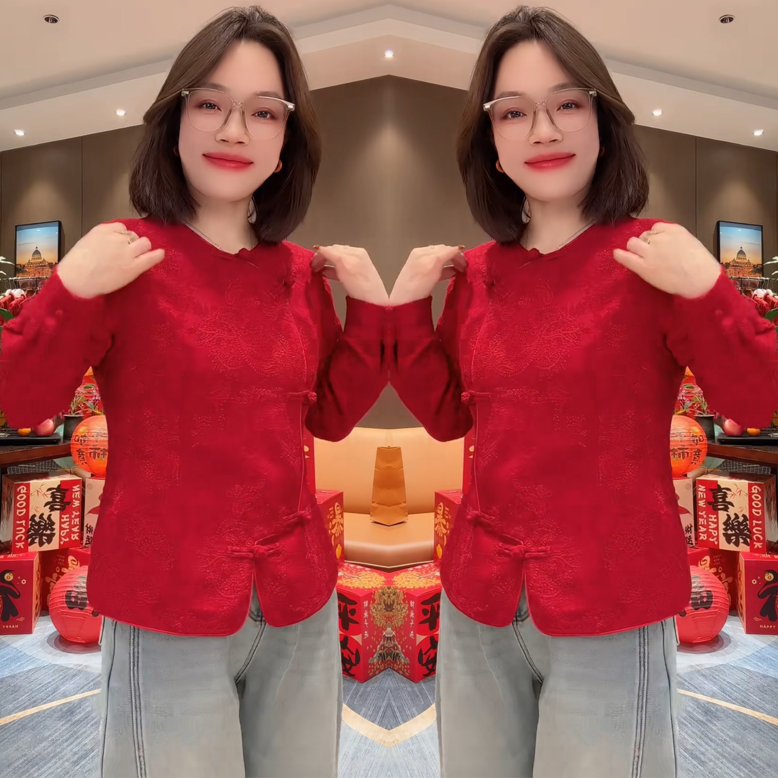 欧洲站复古国风高级感冬季新款洋气红色盘扣减龄提花设计女士小衫