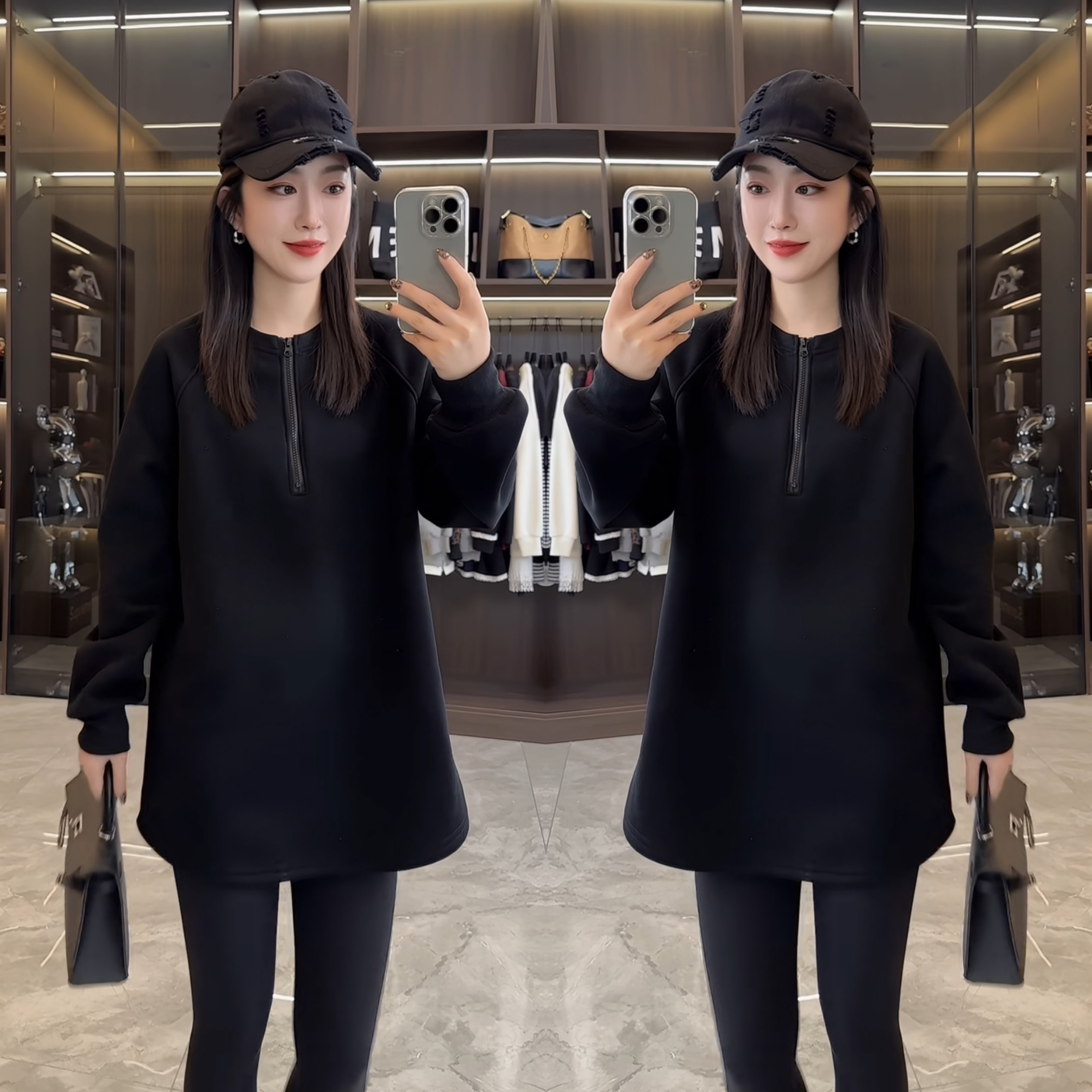 简约黑色半拉链中长款遮肉卫衣潮