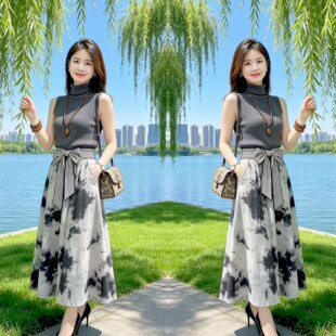 抖音网红爆款时尚减龄气质轻熟风女装纯色无袖小衫搭配晕染半身裙