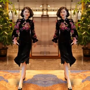 抖音爆款网红同款女装2023年冬季新款气质时尚立领盘扣丝绒连衣裙