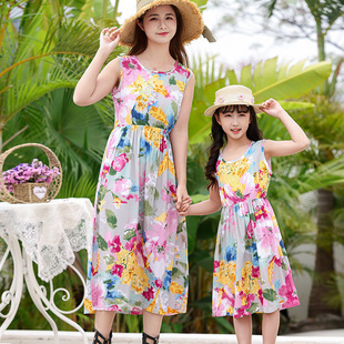 女童沙滩裙儿童棉绸连衣裙夏季薄款大童小女孩绵绸裙子亲子装长裙