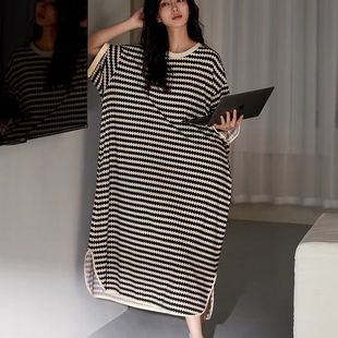 过膝 南极人100%纯棉条纹睡裙女士夏季 短袖 薄款 休闲外穿中长款