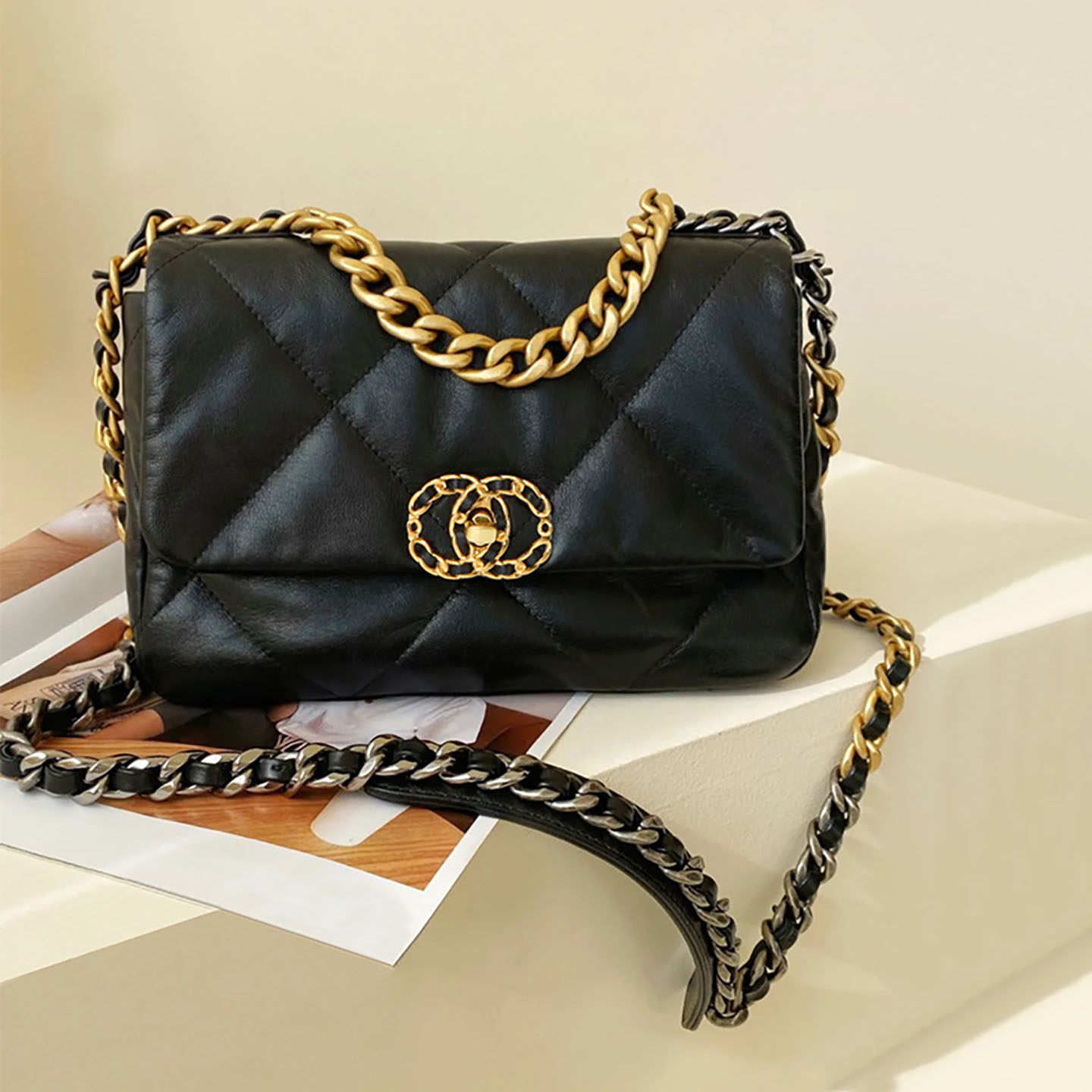 轻奢真皮女包小香风菱格链条包锁扣单肩斜挎包黑色羊皮