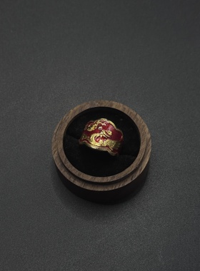 Vintage古著焰凰胭脂红凤凰开口戒牡丹红焰印珐琅戒圈配饰H120155