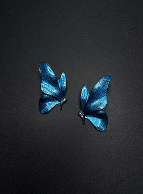 Vintage古著设计感古早风蓝色蝴蝶耳钉P52108