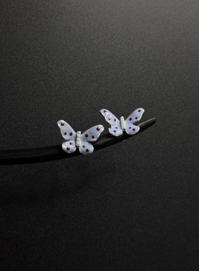 Vintage古著小清新滴油蓝色波点蝴蝶甜美简约少女心耳饰R120260