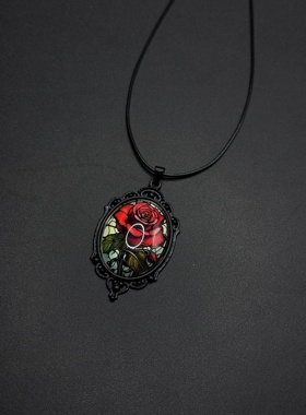 新品迷人的椭圆形玻璃吊坠项链-红玫瑰在复古的黑色框架P12857