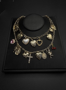 Vintage古著「星轨心章」爱心十字架流苏项链复古个性设计B21714