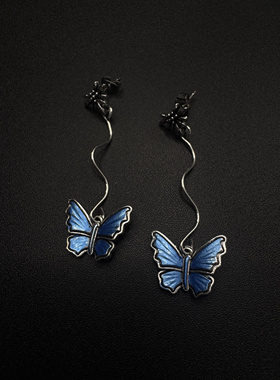 Vintage古著蓝色珐琅蝴蝶耳钉