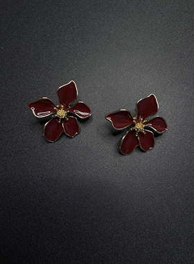 New Vintage 古著 法式复古红色花朵女小众设计感高级耳钉H40907