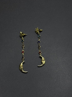 远古时空。金色太阳月亮长吊坠天然石耳饰扫肩古典气质P10655