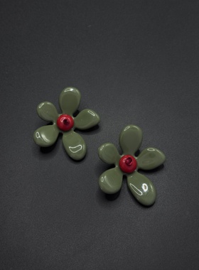 复古风绿色花朵耳环小众设计感高级感耳钉P11058