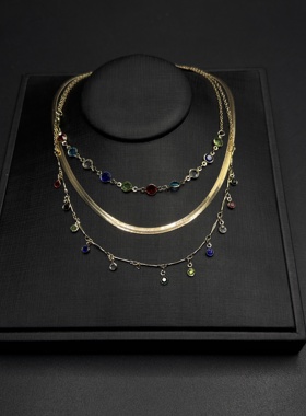 欧美复古彩色水钻流苏百搭项饰叠戴小众水晶珠亮片项链R21804