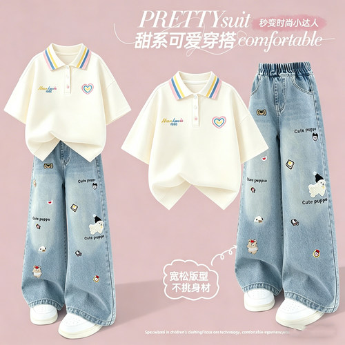 女童夏新Polo衫短袖卡通阔腿牛仔裤两件套中大童休闲牛仔套装