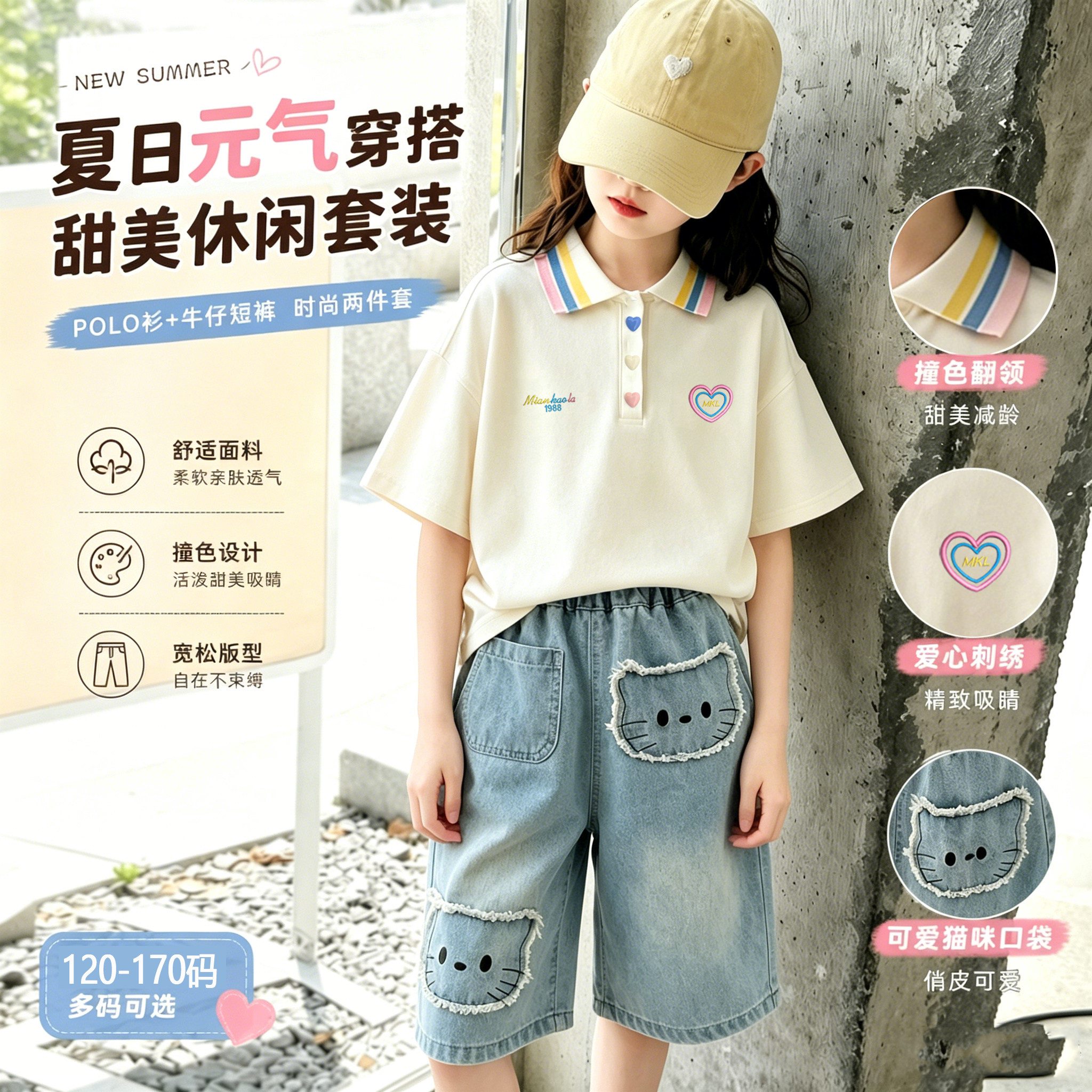 新款儿童韩系彩虹领刺绣短袖套装女童夏季Polo衫牛仔中裤两件套薄