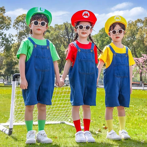 儿童啦啦队演出服超级玛丽小学生运动会班服背带裤马里奥COS套装