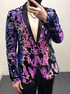 新款紫色亮片西装单扣修身西服歌手主持人闪亮演出服外套男礼服潮