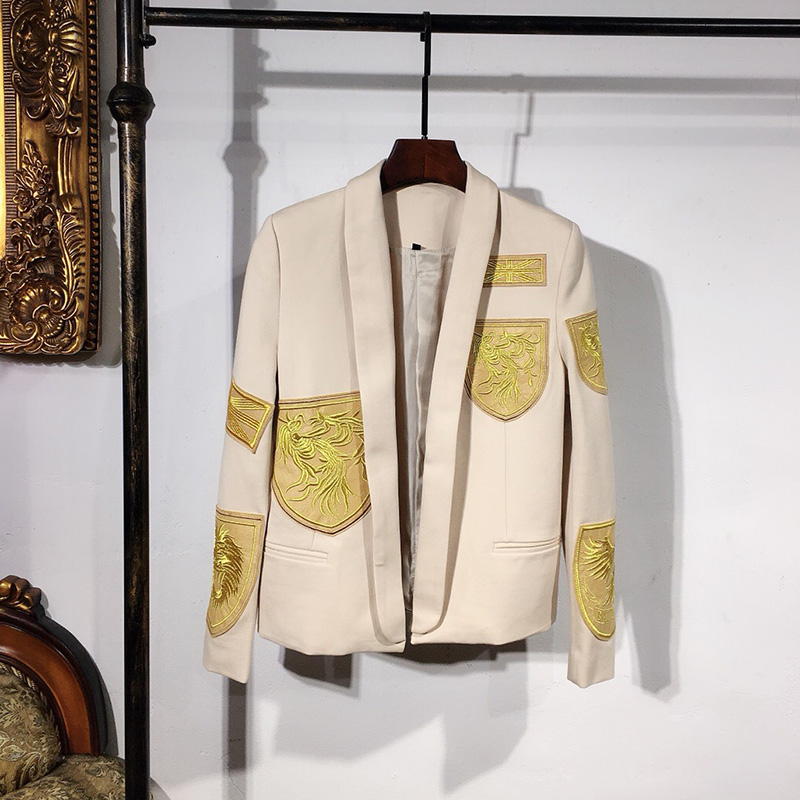 春秋卡其色徽章小西装潮男修身韩版英伦学院风西服发型师休闲外套