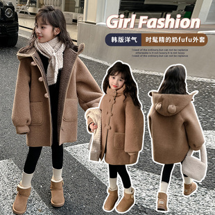 女童毛呢外套冬装2025新款洋气韩版儿童加厚中长款女孩呢子大衣咖
