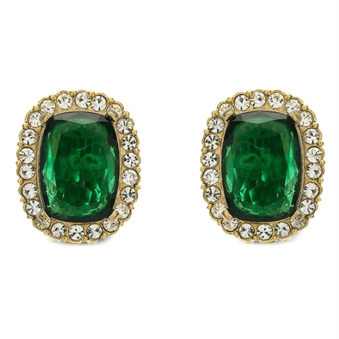 欧美外贸饰品Oscardelarenta复古气质方形祖母绿色水晶高级耳夹女