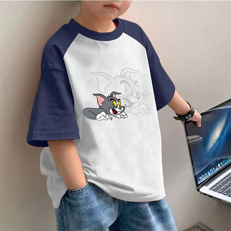2026新款男童卡通猫和老鼠圆领宽松短袖T恤夏季洋气潮流帅气上衣