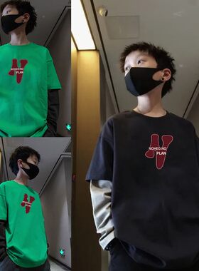 男童秋装撞色假两件长袖T恤
