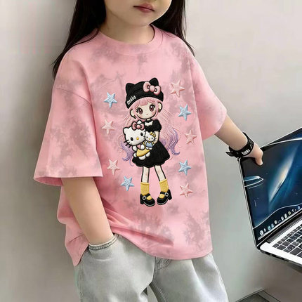 女童扎染短袖T恤2026夏装新款儿童卡通猫上衣中大童宽松纯棉半袖