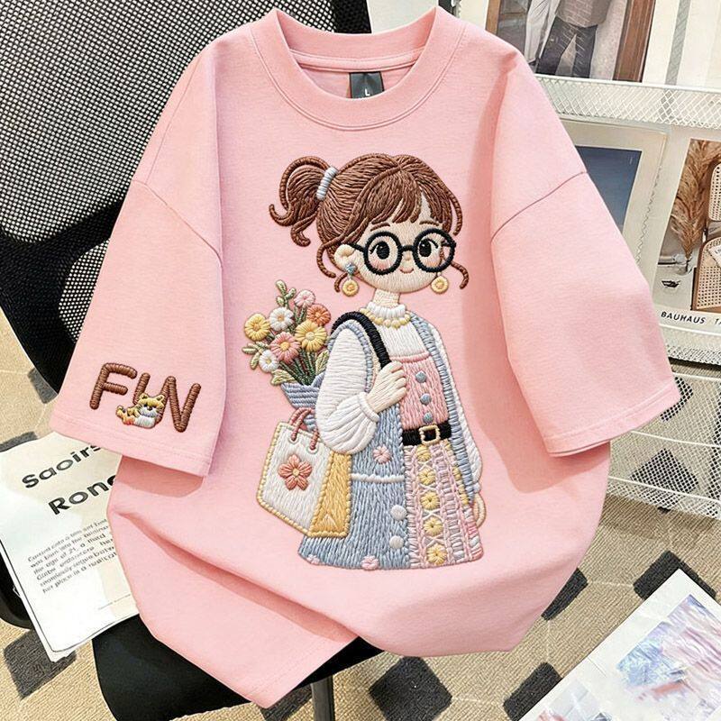 纯棉仿刺绣卡通短袖t恤女童夏季2026新款初中生中大童半袖上衣潮