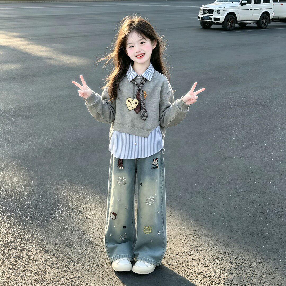 女童早秋新款假两件卫衣裤套装
